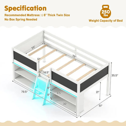 Low Loft Bed with LED Lights Kid’s Cabin Bed with Bookcases-White - White - Simple Bed Frame