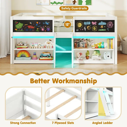 Low Loft Bed with LED Lights Kid’s Cabin Bed with Bookcases-White - White - Simple Bed Frame