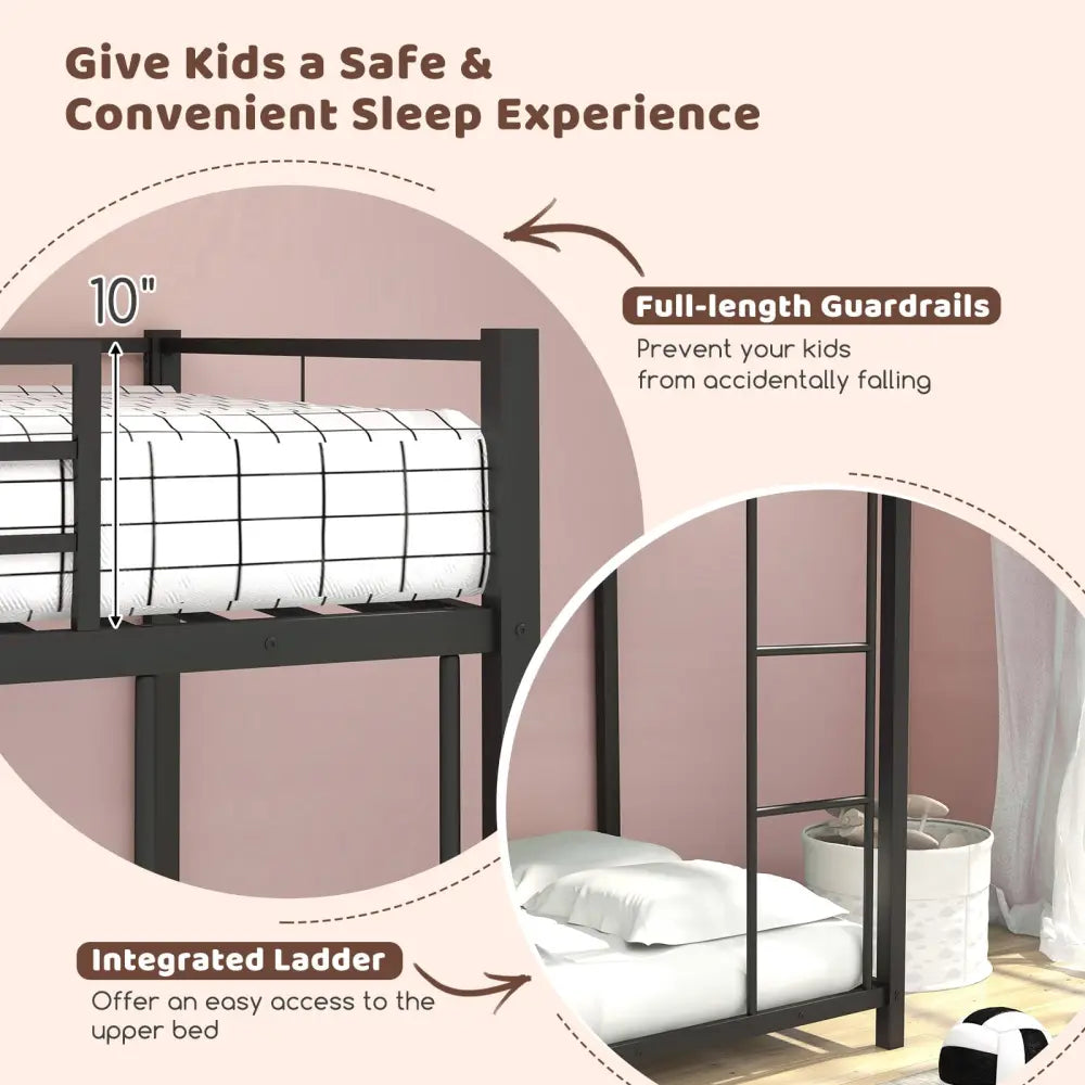 Low Profile Twin Over Twin Metal Bunk Bed with Full-length Guardrails-Black - Black - Bunk Bed Frame