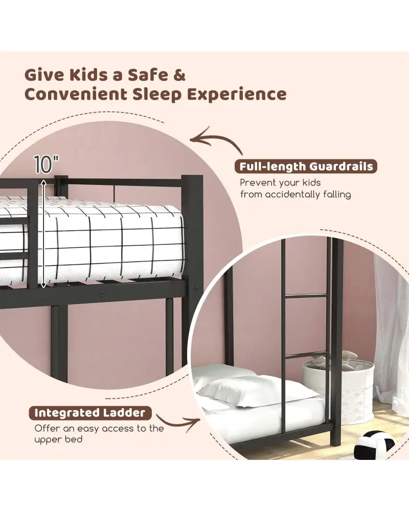 Low Profile Twin Over Twin Metal Bunk Bed with Full-length Guardrails-Black - Black - Bunk Bed Frame