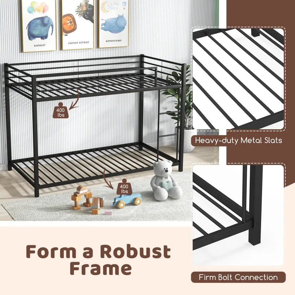 Low Profile Twin Over Twin Metal Bunk Bed with Full-length Guardrails-Black - Black - Bunk Bed Frame