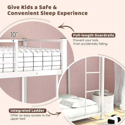 Low Profile Twin Over Twin Metal Bunk Bed with Full-length Guardrails-White - White - Bunk Bed Frame