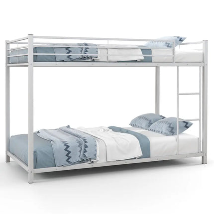 Low Profile Twin Over Twin Metal Bunk Bed with Full-length Guardrails-White - White - Bunk Bed Frame