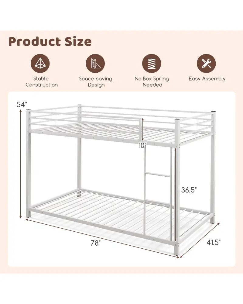 Low Profile Twin Over Twin Metal Bunk Bed with Full-length Guardrails-White - White - Bunk Bed Frame