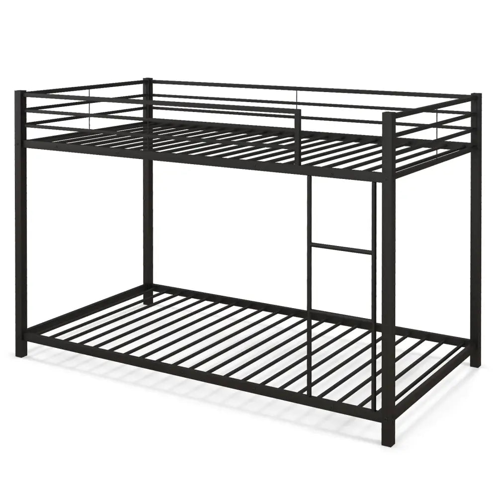 Low Profile Twin Over Twin Metal Bunk Bed with Full-length Guardrails-Black - Black - Bunk Bed Frame
