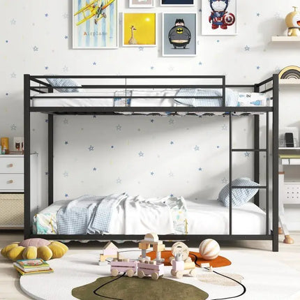 Low Profile Twin Over Twin Metal Bunk Bed with Full length Guardrails - Black - Oasis Home Essentials