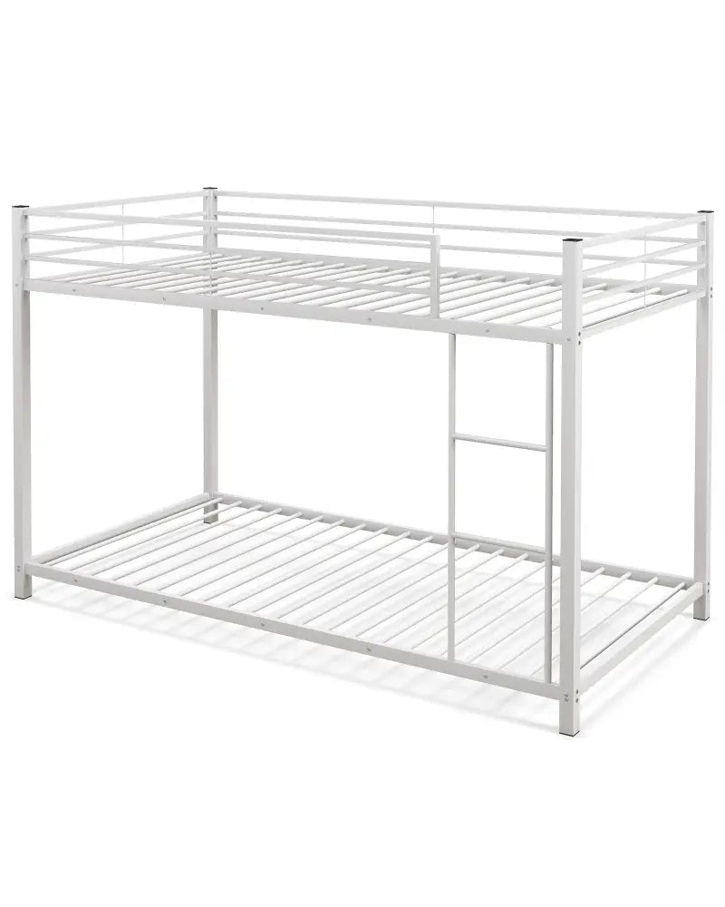 Low Profile Twin Over Twin Metal Bunk Bed with Full-length Guardrails-White - White - Bunk Bed Frame
