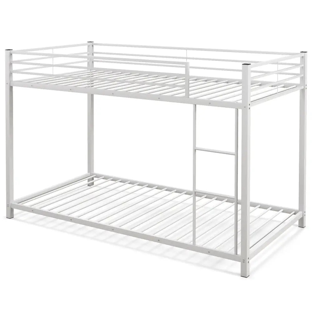 Low Profile Twin Over Twin Metal Bunk Bed with Full-length Guardrails-White - White - Bunk Bed Frame