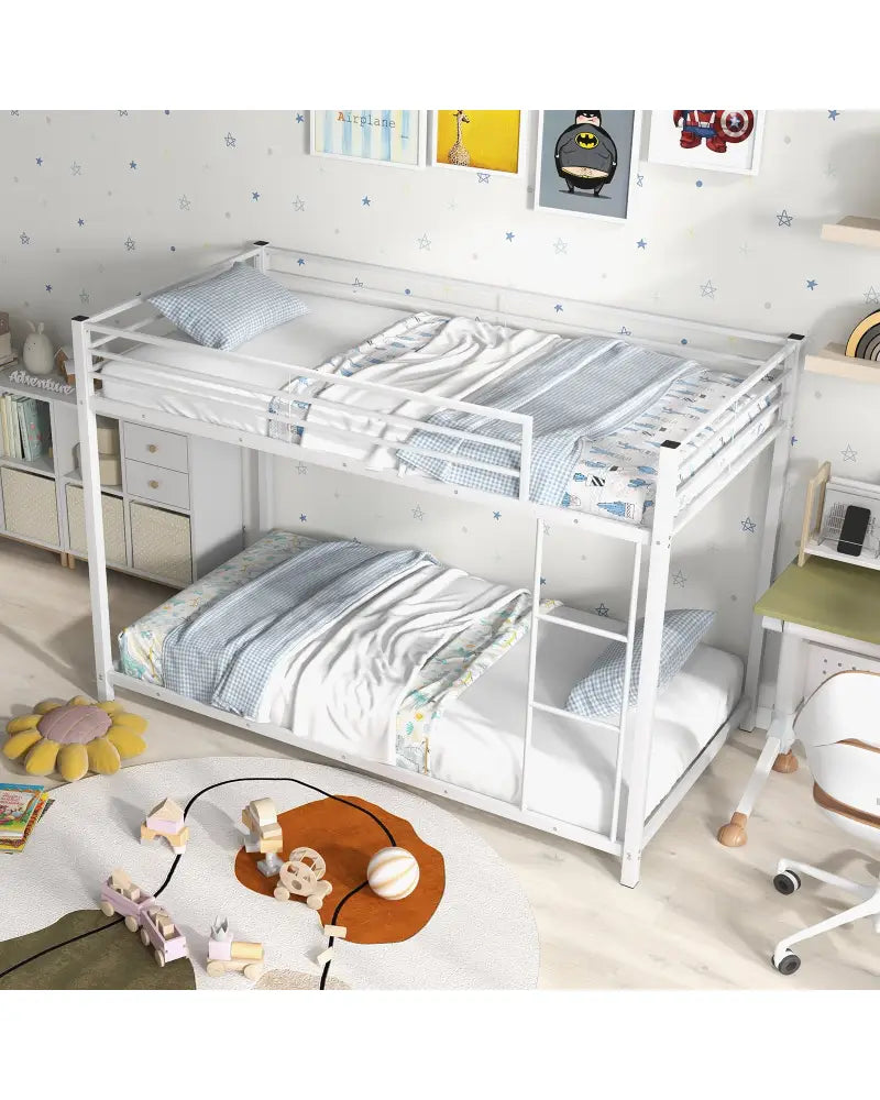 Low Profile Twin Over Twin Metal Bunk Bed with Full-length Guardrails-White - White - Bunk Bed Frame