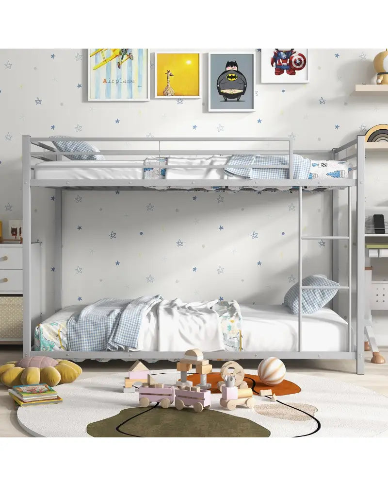 Low Profile Twin Over Twin Metal Bunk Bed with Full-length Guardrails-Silver - Silver - Bunk Bed Frame