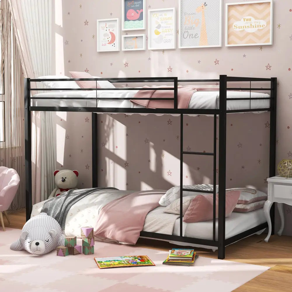 Low Profile Twin Over Twin Metal Bunk Bed with Full-length Guardrails-Black - Black - Bunk Bed Frame