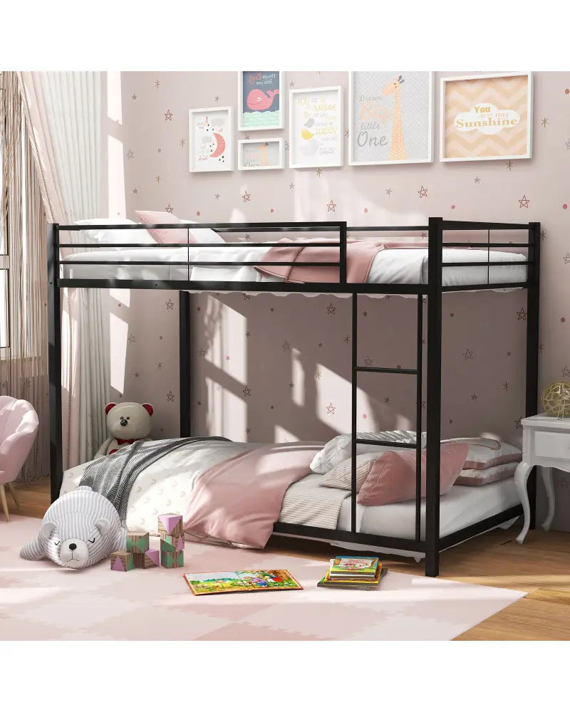 Low Profile Twin Over Twin Metal Bunk Bed with Full-length Guardrails-Black - Black - Bunk Bed Frame
