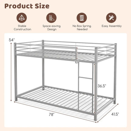 Low Profile Twin Over Twin Metal Bunk Bed with Full-length Guardrails-Silver - Silver - Bunk Bed Frame
