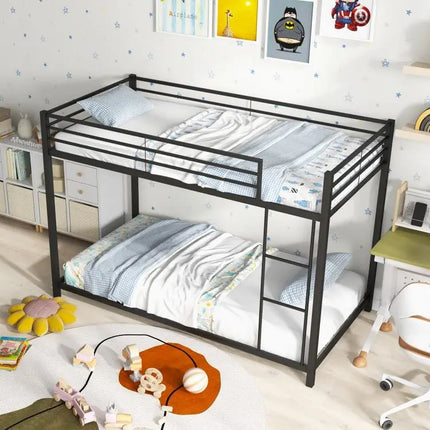 Low Profile Twin Over Twin Metal Bunk Bed with Full length Guardrails - Black - Oasis Home Essentials