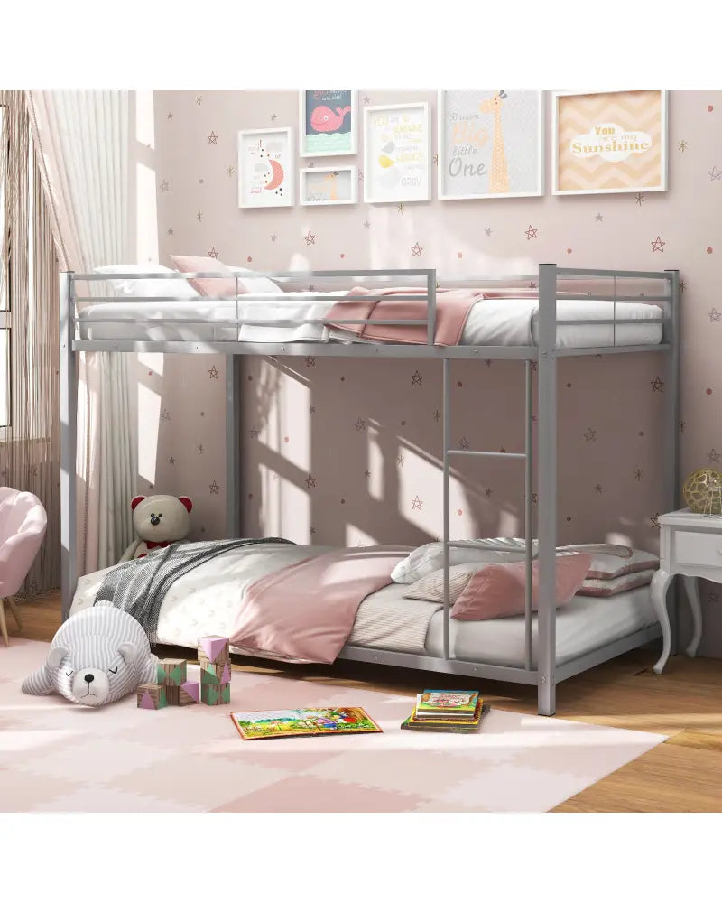 Low Profile Twin Over Twin Metal Bunk Bed with Full-length Guardrails-Silver - Silver - Bunk Bed Frame
