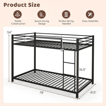 Low Profile Twin Over Twin Metal Bunk Bed with Full length Guardrails - Black - Oasis Home Essentials