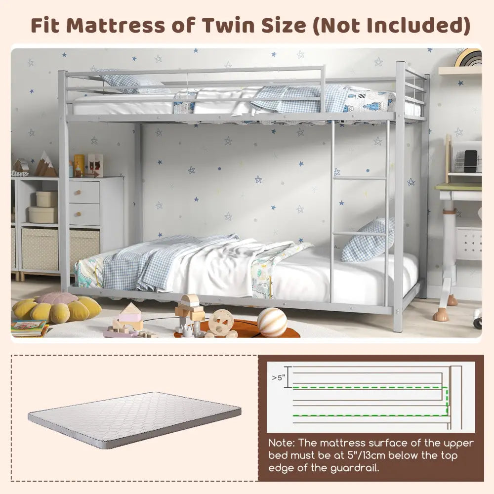 Low Profile Twin Over Twin Metal Bunk Bed with Full-length Guardrails-Silver - Silver - Bunk Bed Frame