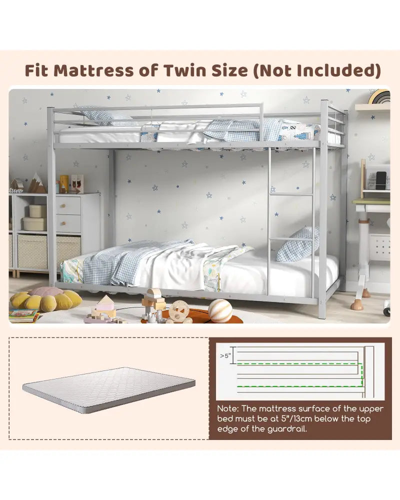 Low Profile Twin Over Twin Metal Bunk Bed with Full-length Guardrails-Silver - Silver - Bunk Bed Frame