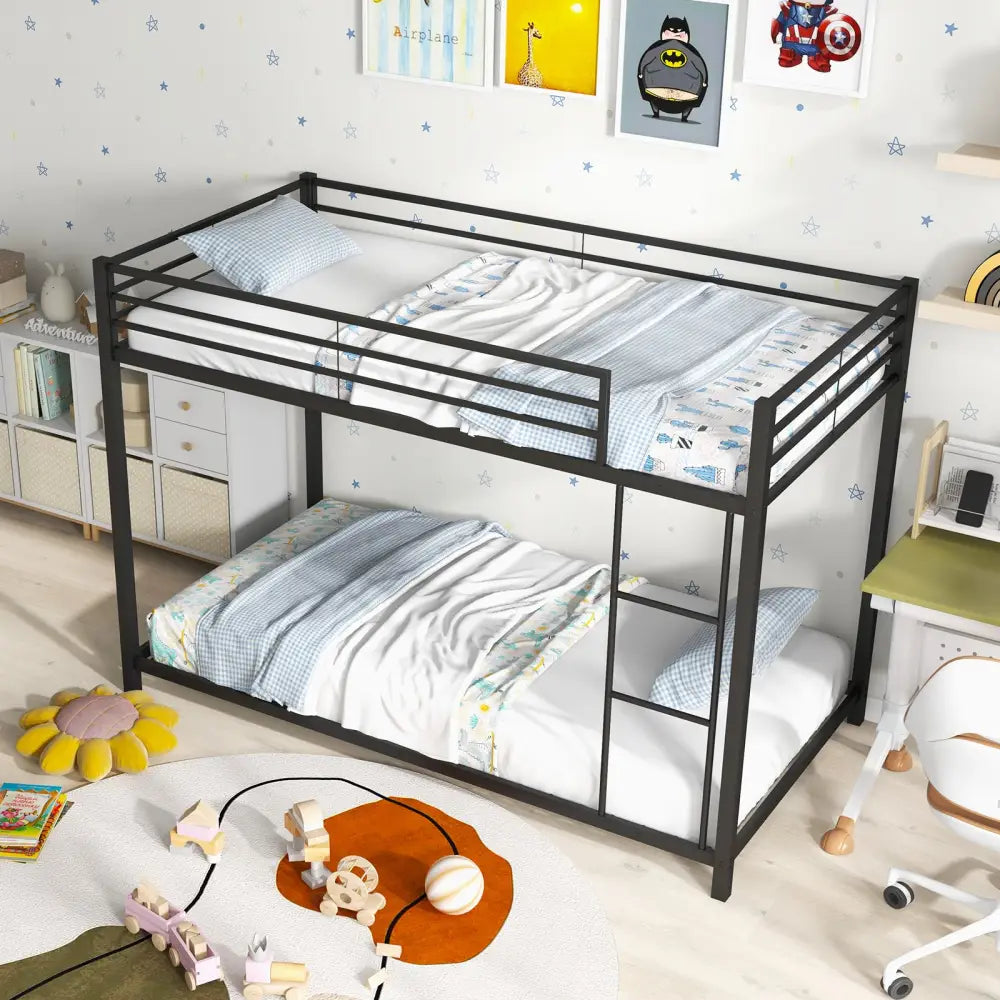 Low Profile Twin Over Twin Metal Bunk Bed with Full-length Guardrails-Black - Black - Bunk Bed Frame
