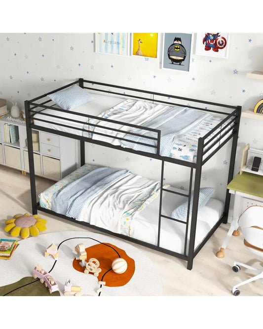 Low Profile Twin Over Twin Metal Bunk Bed with Full-length Guardrails-Black - Black - Bunk Bed Frame