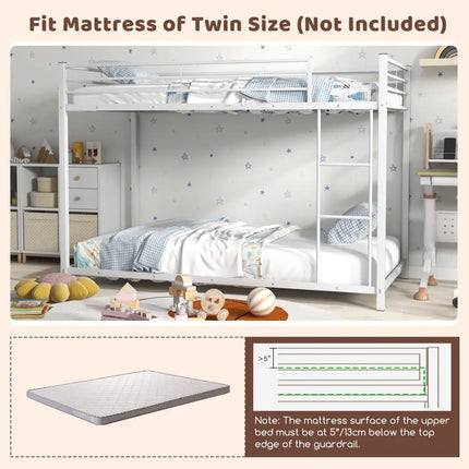 Low Profile Twin Over Twin Metal Bunk Bed with Full-length Guardrails-White - White - Bunk Bed Frame