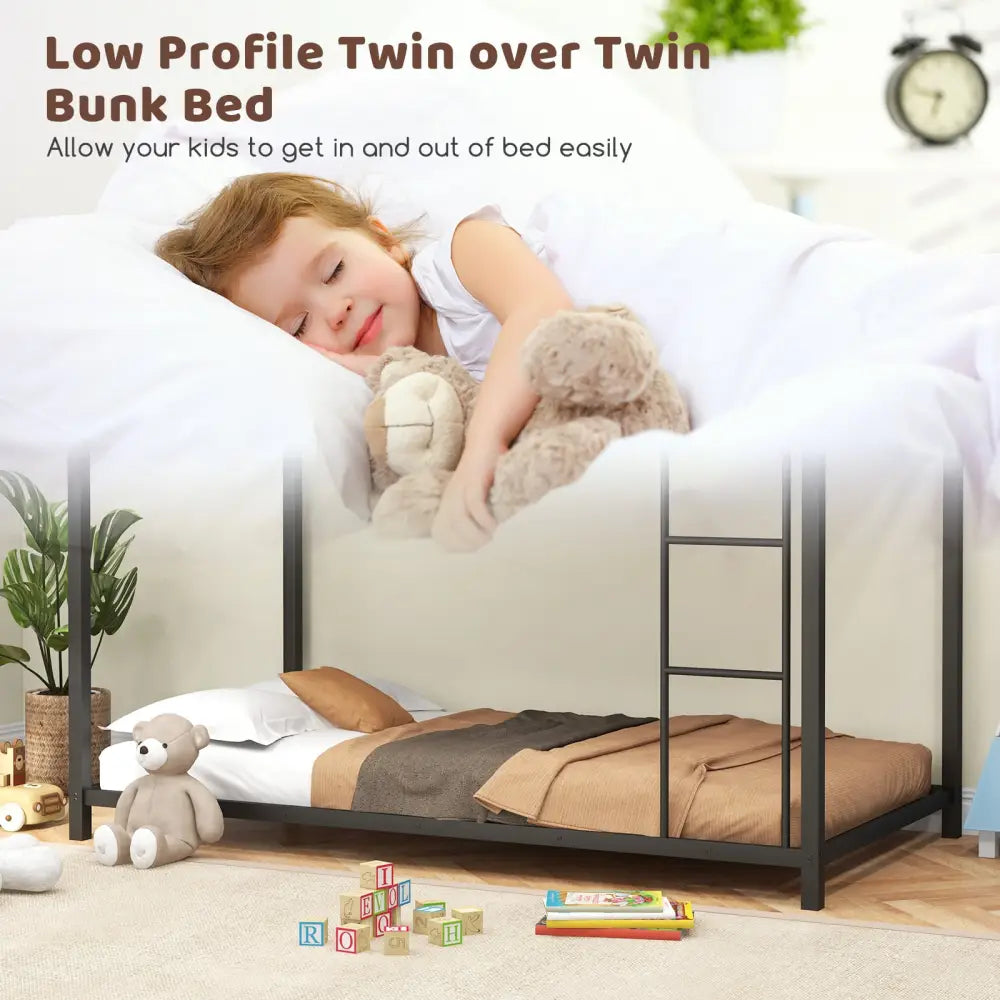 Low Profile Twin Over Twin Metal Bunk Bed with Full-length Guardrails-Black - Black - Bunk Bed Frame