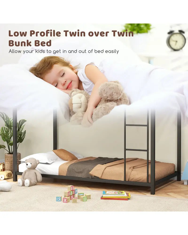 Low Profile Twin Over Twin Metal Bunk Bed with Full-length Guardrails-Black - Black - Bunk Bed Frame