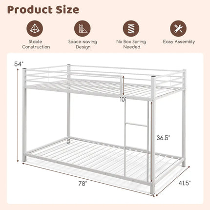Low Profile Twin Over Twin Metal Bunk Bed with Full-length Guardrails-White - White - Bunk Bed Frame