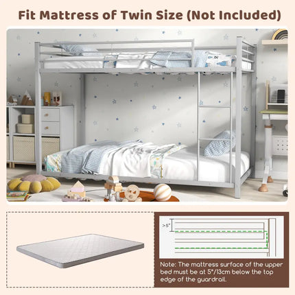 Low Profile Twin Over Twin Metal Bunk Bed with Full-length Guardrails-Silver - Silver - Bunk Bed Frame