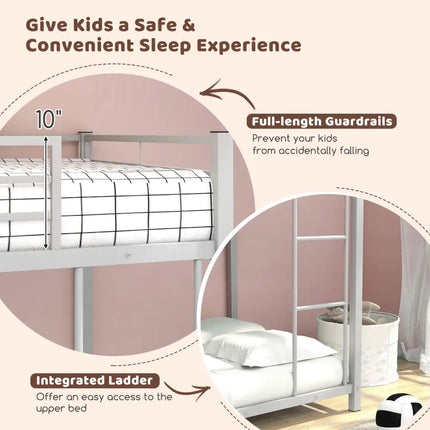 Low Profile Twin Over Twin Metal Bunk Bed with Full-length Guardrails-Silver - Silver - Bunk Bed Frame