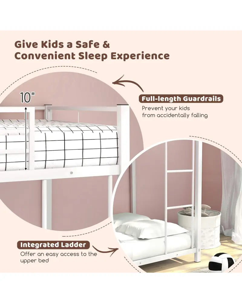 Low Profile Twin Over Twin Metal Bunk Bed with Full-length Guardrails-White - White - Bunk Bed Frame