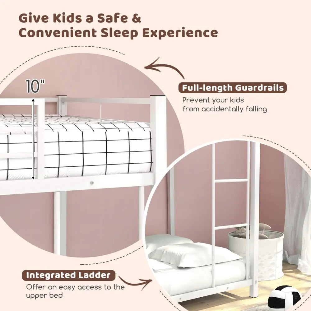 Low Profile Twin Over Twin Metal Bunk Bed with Full-length Guardrails-White - White - Bunk Bed Frame