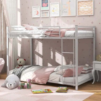 Low Profile Twin Over Twin Metal Bunk Bed with Full-length Guardrails-White - White - Bunk Bed Frame