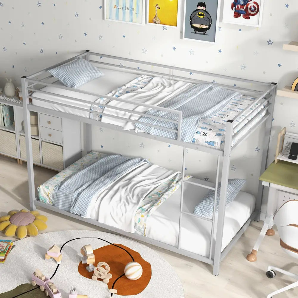 Low Profile Twin Over Twin Metal Bunk Bed with Full-length Guardrails-Silver - Silver - Bunk Bed Frame