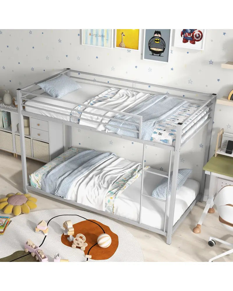 Low Profile Twin Over Twin Metal Bunk Bed with Full-length Guardrails-Silver - Silver - Bunk Bed Frame
