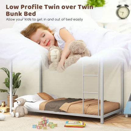 Low Profile Twin Over Twin Metal Bunk Bed with Full-length Guardrails-Silver - Silver - Bunk Bed Frame