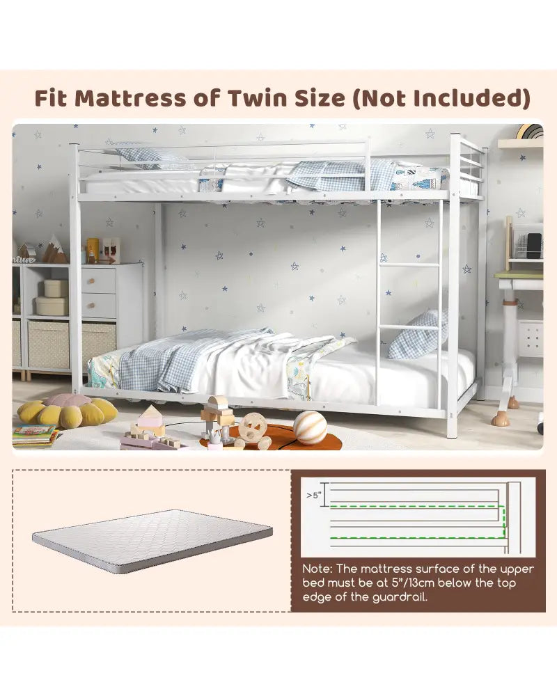 Low Profile Twin Over Twin Metal Bunk Bed with Full-length Guardrails-White - White - Bunk Bed Frame