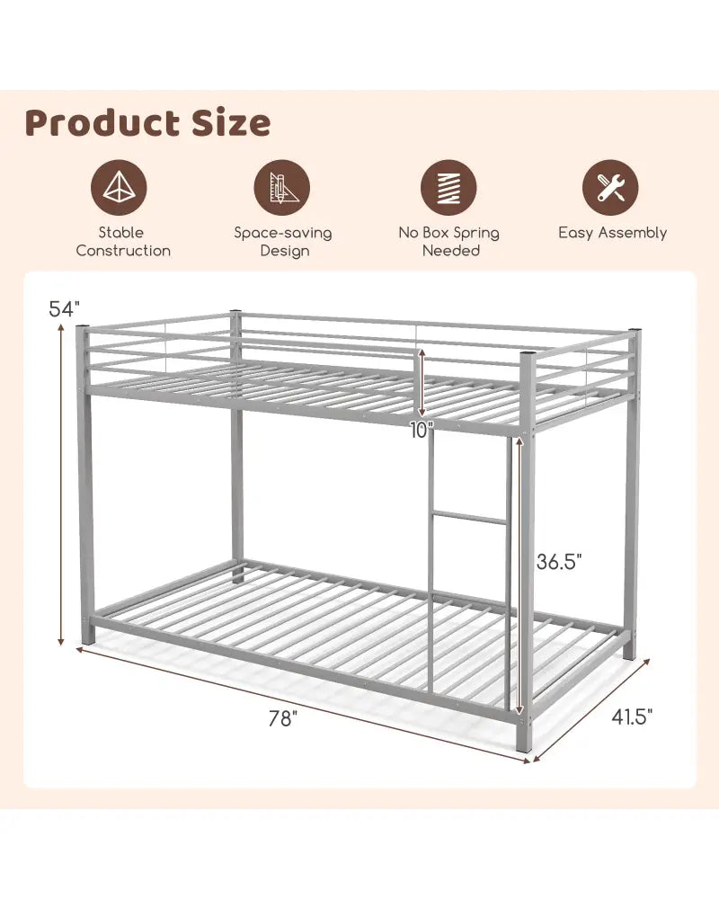 Low Profile Twin Over Twin Metal Bunk Bed with Full-length Guardrails-Silver - Silver - Bunk Bed Frame
