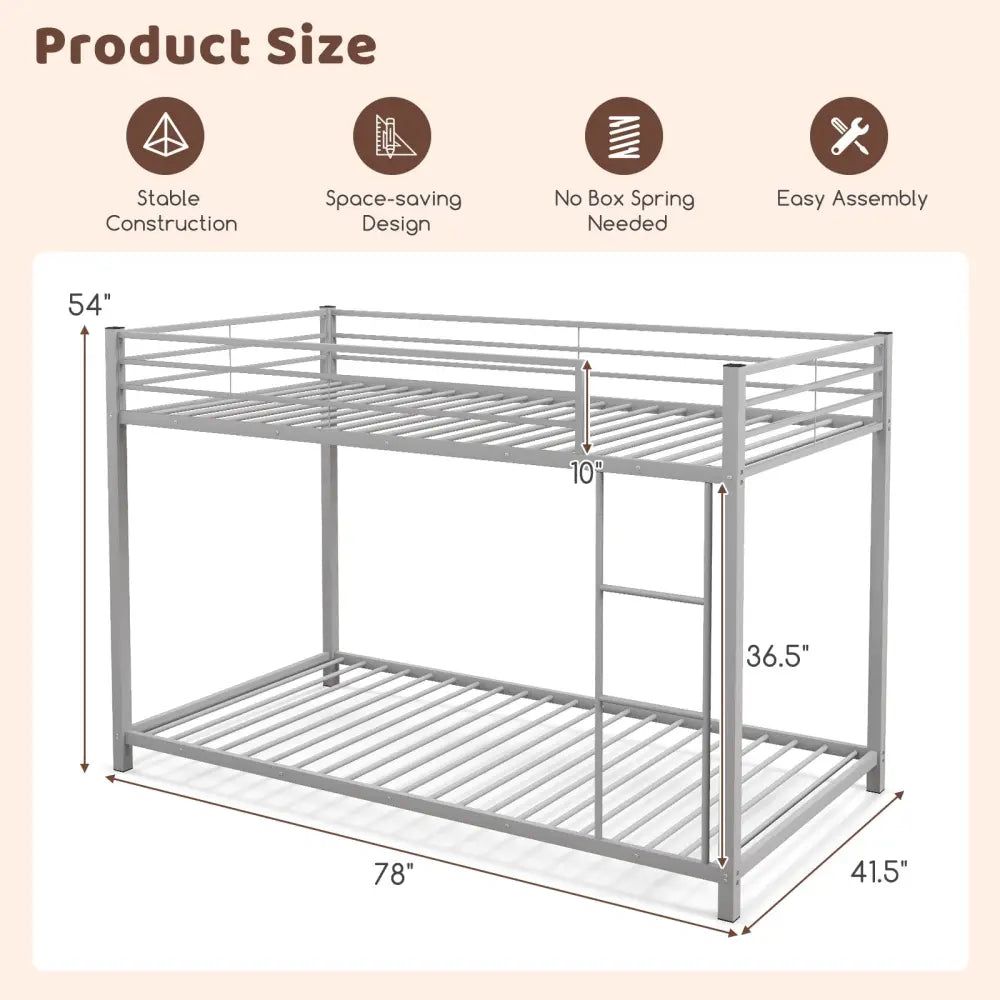 Low Profile Twin Over Twin Metal Bunk Bed with Full-length Guardrails-Silver - Silver - Bunk Bed Frame