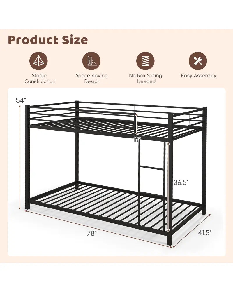 Low Profile Twin Over Twin Metal Bunk Bed with Full-length Guardrails-Black - Black - Bunk Bed Frame