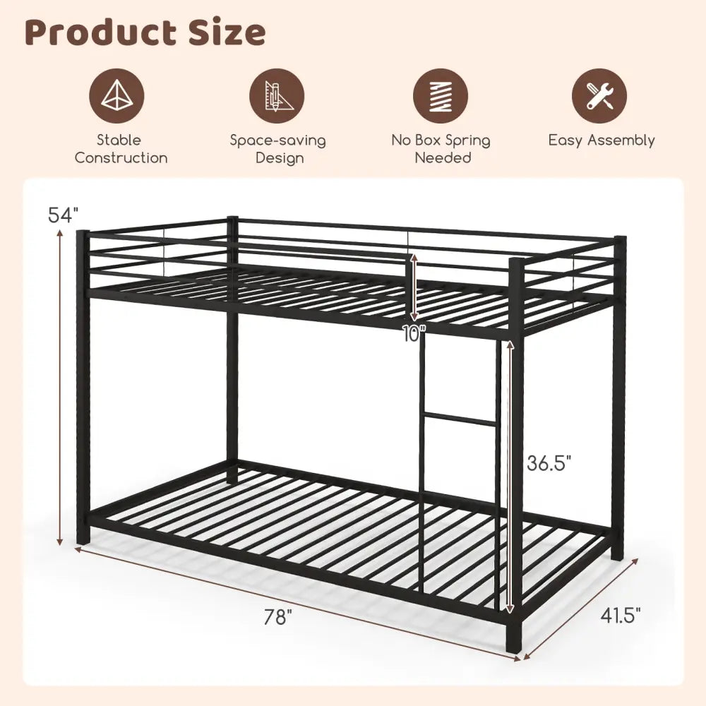 Low Profile Twin Over Twin Metal Bunk Bed with Full-length Guardrails-Black - Black - Bunk Bed Frame