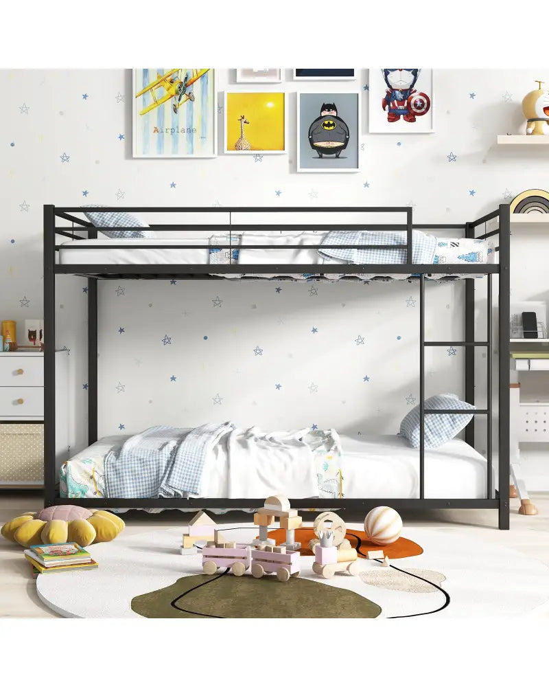 Low Profile Twin Over Twin Metal Bunk Bed with Full-length Guardrails-Black - Black - Bunk Bed Frame