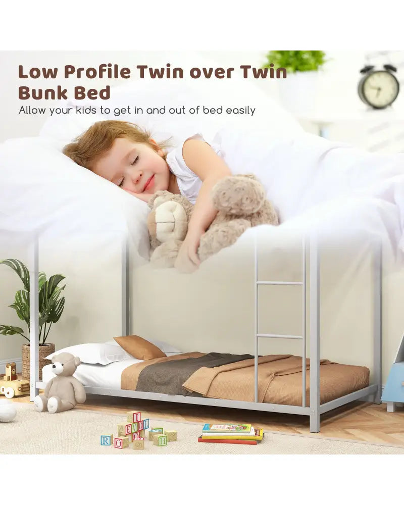 Low Profile Twin Over Twin Metal Bunk Bed with Full-length Guardrails-Silver - Silver - Bunk Bed Frame