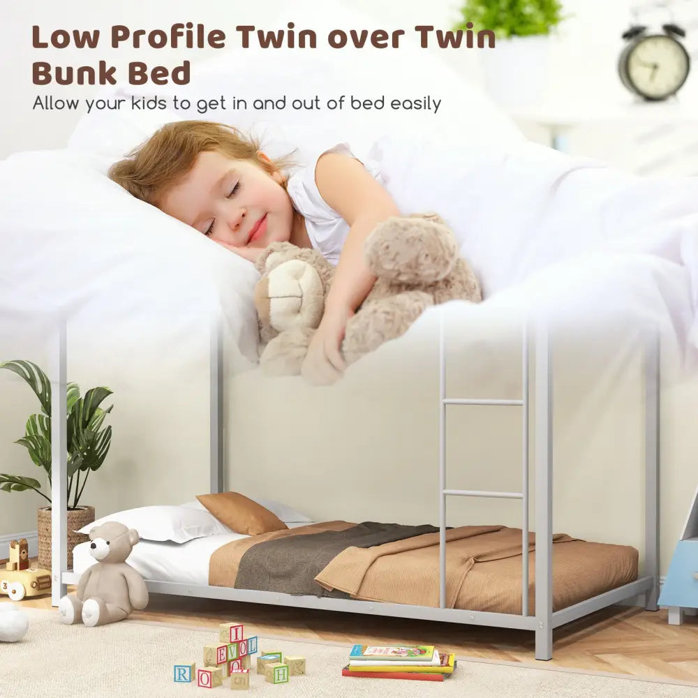 Low Profile Twin Over Twin Metal Bunk Bed with Full-length Guardrails-Silver - Silver - Bunk Bed Frame