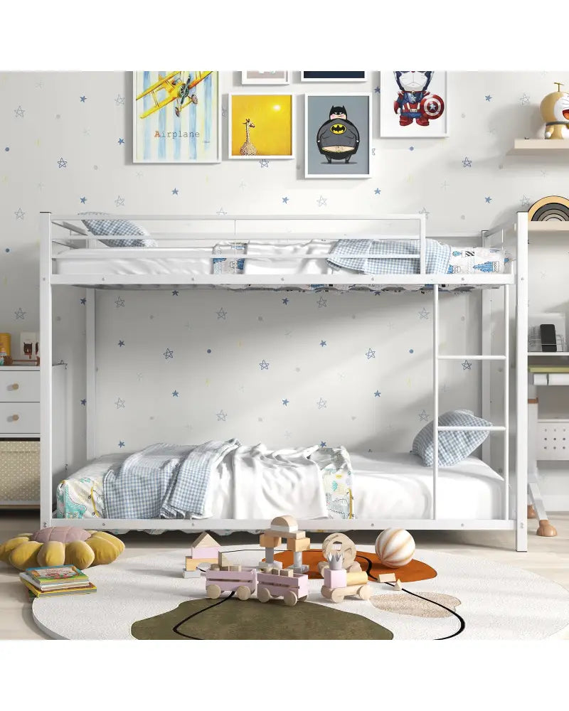 Low Profile Twin Over Twin Metal Bunk Bed with Full-length Guardrails-White - White - Bunk Bed Frame