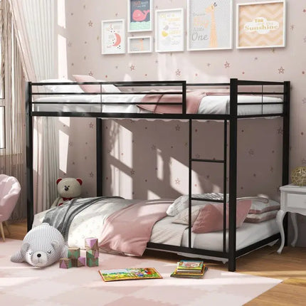 Low Profile Twin Over Twin Metal Bunk Bed with Full length Guardrails - Black - Oasis Home Essentials