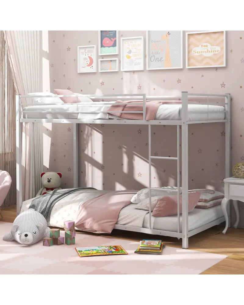 Low Profile Twin Over Twin Metal Bunk Bed with Full-length Guardrails-White - White - Bunk Bed Frame
