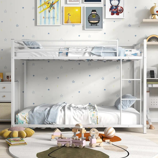 Low Profile Twin Over Twin Metal Bunk Bed with Full-length Guardrails-White - White - Bunk Bed Frame