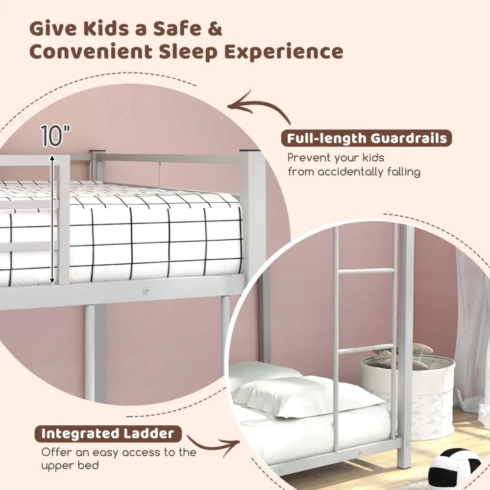 Low Profile Twin Over Twin Metal Bunk Bed with Full-length Guardrails-Silver - Silver - Bunk Bed Frame