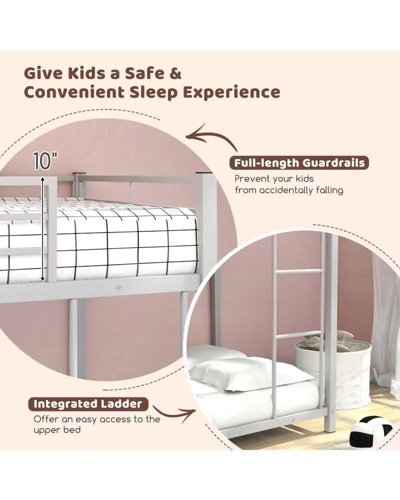 Low Profile Twin Over Twin Metal Bunk Bed with Full-length Guardrails-Silver - Silver - Bunk Bed Frame